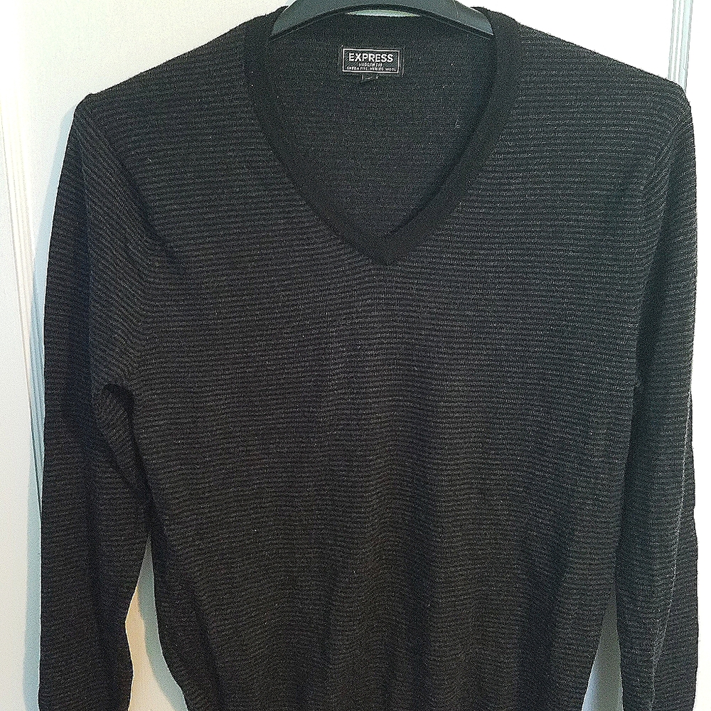 Express Black Marino Wool Sweater with Gray Stripe